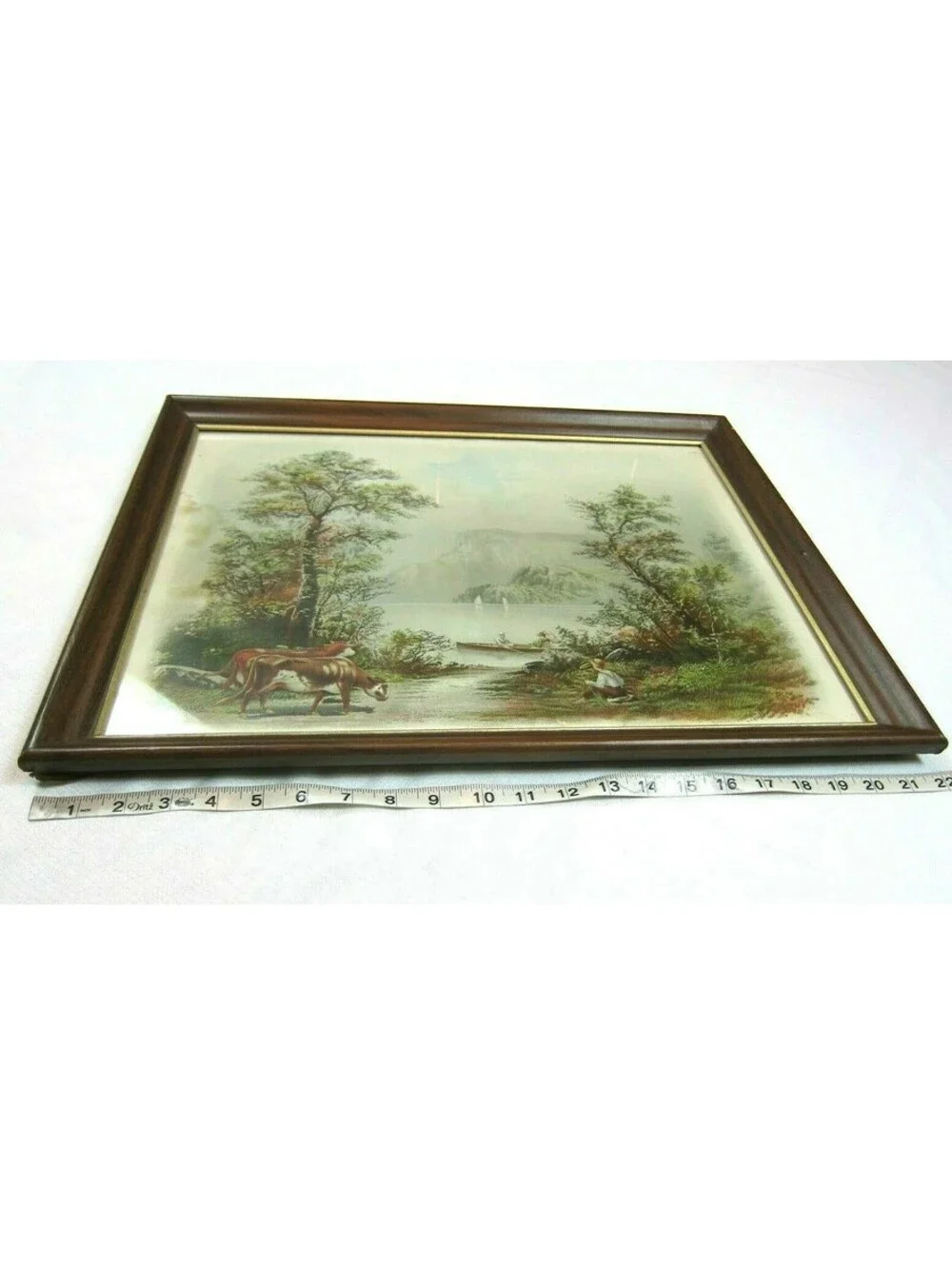 Antique RAYMOND Litho Art Print Country Lake Mountain Cattle Boat 22x18 Framed